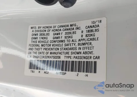 2019 Honda Civic Si из США, поврежденный, VIN 2HGFC3A52KH750206